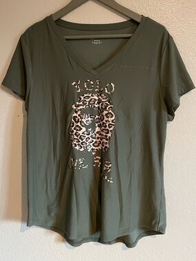 No Boundaries Olive V-Neck “YOLO” Leopard Graphic Tee